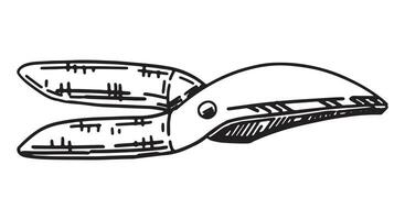 Secateurs outline doodle. Sketch of gardening tool. Vector illustration in engraving style isolated on white.