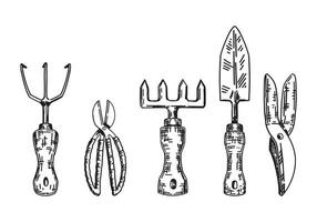 Gardening tools outline collection. Sketches set of cultivator, secateurs, rake, hand spade, scissors. Vector illustration in engraving style isolated on white.