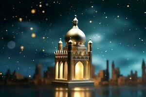 Eid mubarak and ramadan kareem greetings with islamic lantern and mosque. Eid al fitr background. Eid al fitr background of window concept by AI Generated photo