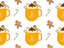 Hot drinks pattern. Seamless Cups with warm drink variants. Vector flat repeated background for wallpaper, wrapping, packing, textile