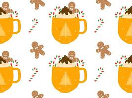 Hot drinks pattern. Seamless Cups with warm drink variants. Vector flat repeated background for wallpaper, wrapping, packing, textile