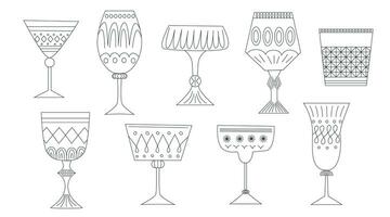 Set of icons glasses of different shapes. Drinks in different types of vintage glasses. Line art vector illustration in retro style