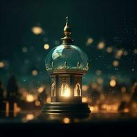 Eid mubarak and ramadan kareem greetings with islamic lantern and mosque. Eid al fitr background. Eid al fitr background of window concept by AI Generated photo