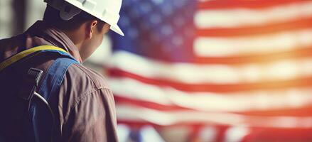 AI generated Labor day celebration, labor against the backdrop of the american flag, creating a joyful composition with copy space for text. photo