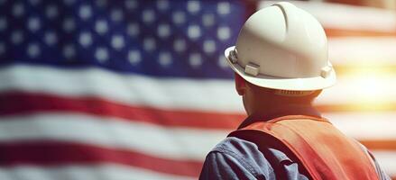 AI generated Labor day celebration, labor against the backdrop of the american flag, creating a joyful composition with copy space for text. photo