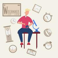 Colorful vector alphabet. Book of professions. Profession Watchmaker. Letter W.