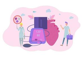 The doctor measures the blood pressure on the tonometer and prescribes a medicine. High blood pressure, hypertension, blood pressure control concept. Colorful vector illustration