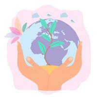 Save the planet from pollution, save the planet, small plant process, green energy, Earth Day concept. Colorful Vector Illustration