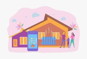 inteligente hogar calefacción con un teléfono inteligente familia es pruebas calefacción sistema, hogar calefacción tecnología, hogar energía ahorro concepto. vistoso vector ilustración