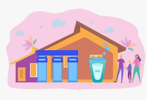 People drink purified water. Water filtration system, water purification at home, water delivery service concept. Colorful vector illustration