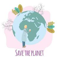 Save the planet from pollution, save the planet, small plant process, green energy, Earth Day concept. Colorful Vector Illustration