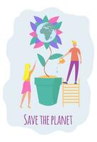 Save the planet from pollution, save the planet, small plant process, green energy, Earth Day concept. Colorful Vector Illustration