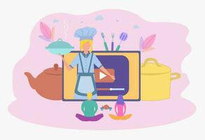 Professional man chef holds a lesson on how to cook food professionally. Gourmet blogging, the personal blog of a professional chef. Colorful vector illustration.