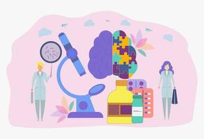 Scientists are testing or producing pharmaceuticals. Pharmacological business, pharmaceutical industry, pharmacological service concept. Colorful vector illustration.