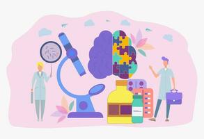 Scientists are testing or producing pharmaceuticals. Pharmacological business, pharmaceutical industry, pharmacological service concept. Colorful vector illustration.