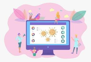 Infected planet. The concept of diagnosis and treatment of coronavirus COVID-2019. Doctors diagnose the deadly type of 2019 nKoV virus. Little scientists study the virus. Colorful vector illustration.