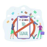 There is no signal on the smartphone. The concept of a ban on the use of mobile communications, smartphones and computers. No mobile connection. Colorful vector illustration.