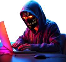 ai gerado uma homem vestindo uma moletom com capuz e mascarar é trabalhando em uma computador , hacker png