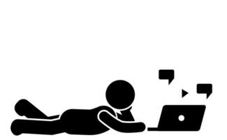 stick figure vector illustration, pictogram, stick man lazing around, using social media