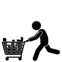 vector illustration of stick figure shopping and sitting in a shopping cart