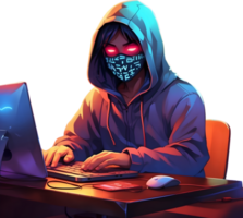 ai généré une homme portant une sweat à capuche et masque est travail sur une ordinateur , pirate png