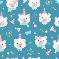 Cute polar bear vector pattern, seamless repeating background for the winter holidays, festive wallpaper of textile print, wrapping paper design with stars