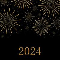 negro y oro fuegos artificiales vector póster, 2024 contento nuevo año saludo tarjeta concepto diseño, elegante lujo celebracion antecedentes con estrellas