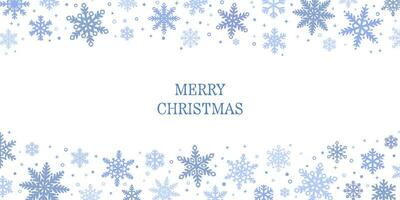 Merry Christmas greeting banner with snow flake borders, white and blue winter background, vector wallpaper design.