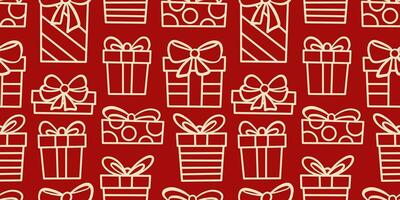 Red Christmas present vector pattern background, gift box seamless repeat wallpaper or textile print, simple holiday background with hand drawn line art elements.