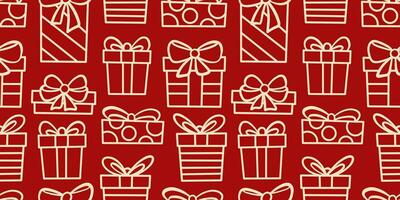 Red Christmas present vector pattern background, gift box seamless repeat wallpaper or textile print, simple holiday background with hand drawn line art elements.