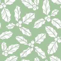 Bicolor Christmas vector pattern for wrapping paper or textile, holly ibex plant, hand drawn mistletoe design, green seamless repeating backgorund