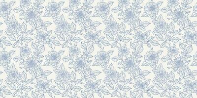 Vintage blue and white floral pattern, elegant vector background, seamless repeating print with hand drawn dahlia flowers, continuous climbing vine wallpaper, delicate feminine design.