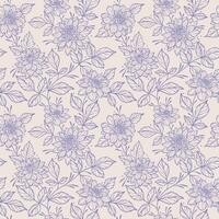 Bicolor pastel floral vector seamless repeat pattern with dahlia illustrations, spring background. Elegant feminine line art flower illustration elements, continuous climbing vine print in purple and