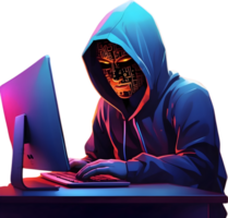ai generiert ein Mann tragen ein Kapuzenpullover und Maske ist Arbeiten auf ein Computer , Hacker png