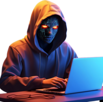ai genererad en man bär en luvtröja och mask är arbetssätt på en dator , hacker png