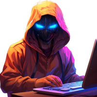 ai genererad en man bär en luvtröja och mask är arbetssätt på en dator , hacker png