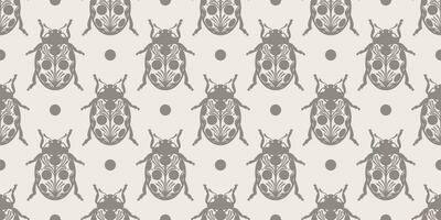 Ladybug hand drawn folk inspired insect vector repeat pattern, seamless textile or wallpaper print, rustic background design