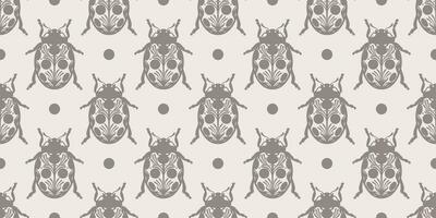 Ladybug hand drawn folk inspired insect vector repeat pattern, seamless textile or wallpaper print, rustic background design