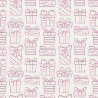 Cute hand drawn Christmas gift box vector repeat pattern in pink. Seamless repeating wallpaper or textile design, line art doodle background design.