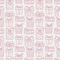 Cute hand drawn Christmas gift box vector repeat pattern in pink. Seamless repeating wallpaper or textile design, line art doodle background design.