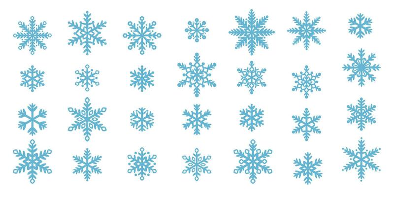 Blue snowflake icon set, cute hand drawn snow illustration elements, doodles with round shapes.