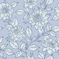 Elegant blue floral vector pattern with dahlia illustrations, flower background with a winter color theme. Large print vintage monochromatic botanical textile or wallpaper design, seamless repeat tile