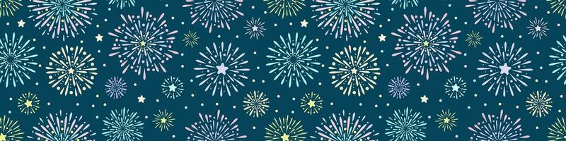 Fireworks vector banner, seamless repeating pattern, festive holiday background design