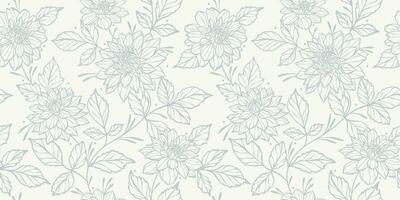 White detailed line art floral vector pattern with hand drawn dahlia illustrations, seamless repeating wallpaper, elegant neutral vintage lace inspired background design.