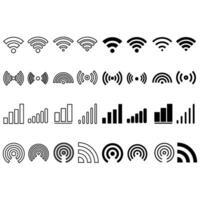 Signal set vector icons. Radio signals waves and light rays, radar, wifi, antenna and satellite signal symbols. Wireless technologys. Vector illustration.