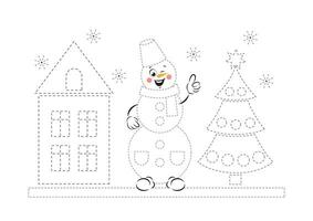 Tracing and color worksheet for practicing motor skills for kids. Coloring page with cute cartoon  snowman, house and Christmas tree.  Vector illustration