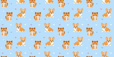 Seamless pattern cute corgi puppy and kitten on light blue background vector