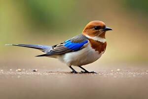 ai generado un pequeño pájaro con un azul y blanco cabeza foto