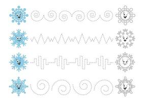 Tracing lines for kids. Handwriting practice for children. Coloring page with cute cartoon snowflakes. Vector illustration