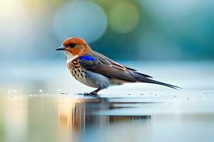 ai generado un pequeño pájaro con un azul y blanco cabeza foto